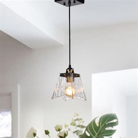 1 Light Black And Antique Gold Mini Pendant With Verre Strie Glass