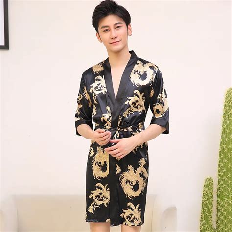 chinese vintage men s robe casual sleepwear satin rayon nightwear printed dragon bathrobe kimono