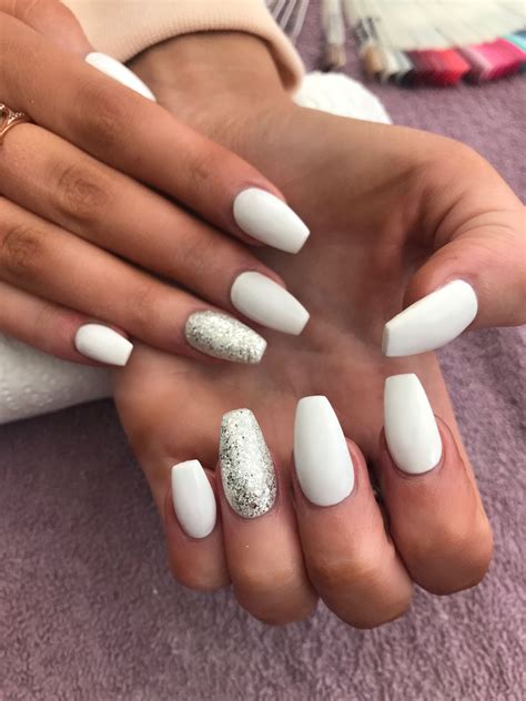 White Coffin Shaped Acrylic Nails With Silver Glitter Accent Nail