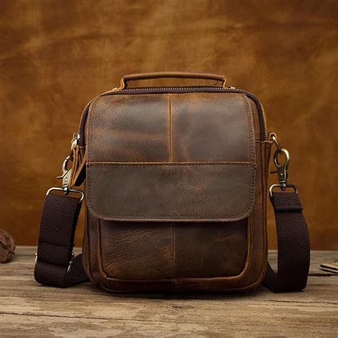 Vintage Brown Leather Mens Small Vertical Side Bags Shoulder Bags