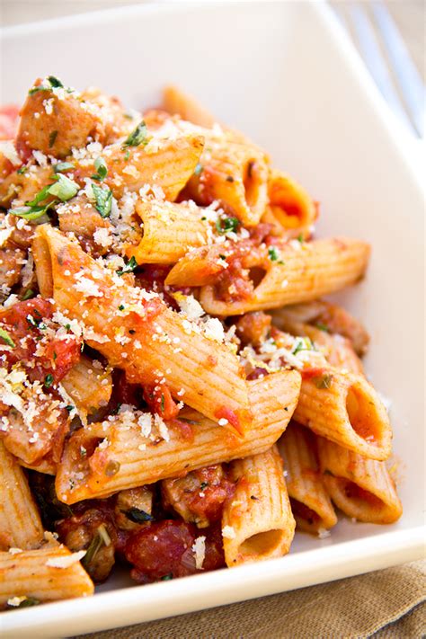 Penne Pasta in Roasted Garlic Tomato Sauce and Italian Chicken Sausage