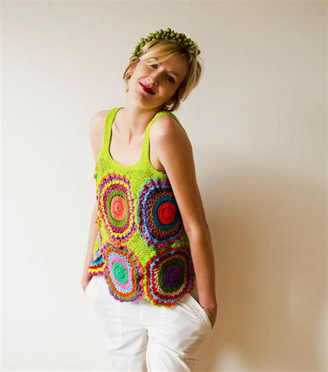 Sixties Hippie Crocheted Retro Multicolor Top Made To Order Etsy