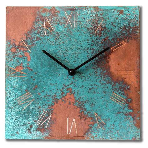 Patinated Copper Rustic Square Turquoise Wall Clock 10 Inch