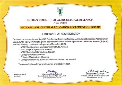 Accreditation Certificate Navsari Agricultural University Navsari