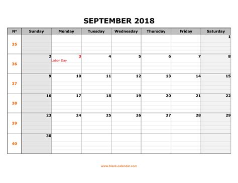 Free Download Printable September 2018 Calendar Large Box Grid Space