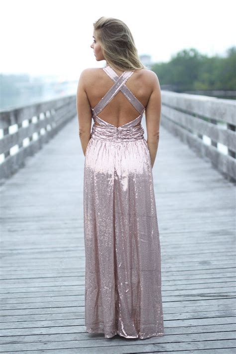 Rose Gold Sequined Maxi Dress With Criss Cross Back Maxi Dress