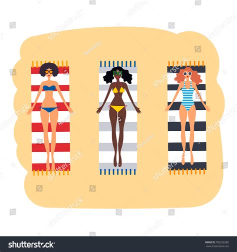 Three Beautiful Women Sunbathing Cartoon Characters Stock Vector