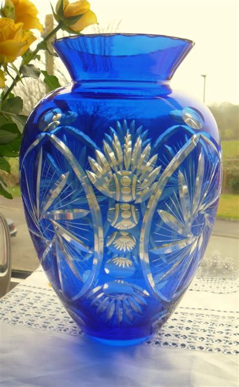 Bohemian Crystal 10 Large Blue Pinwheel Flash Glass Vase Antique