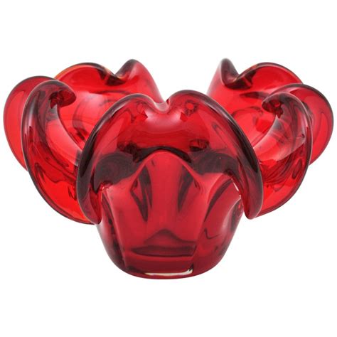 Italian Midcentury Red Handblown Murano Art Glass Flower Bowl Or