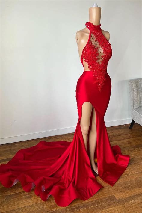 Bellasprom Red High Neck Prom Dress Mermaid Slit Long With Appliques