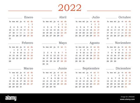Calendario De 2022 Años En Español Plantilla Editable De Vector