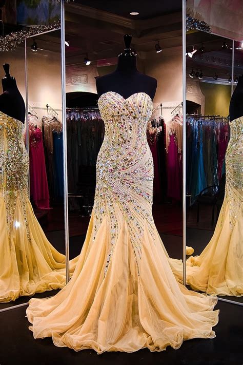 Mermaid Sweetheart Gold Tulle Beaded Sparkly Prom Dress