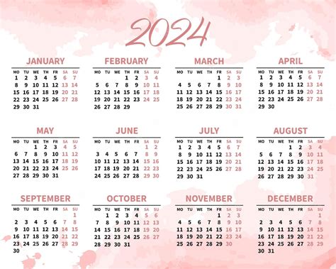 Premium Vector Calendar For 2024 On A Soft Pink Watercolor Background