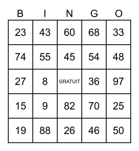 Les Nombres Français 0 100 Bingo Card