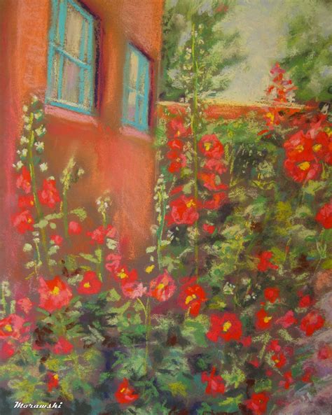 Hollyhocks In The Courtyard 11x14 Floral Painting Of New Mexico Pastel