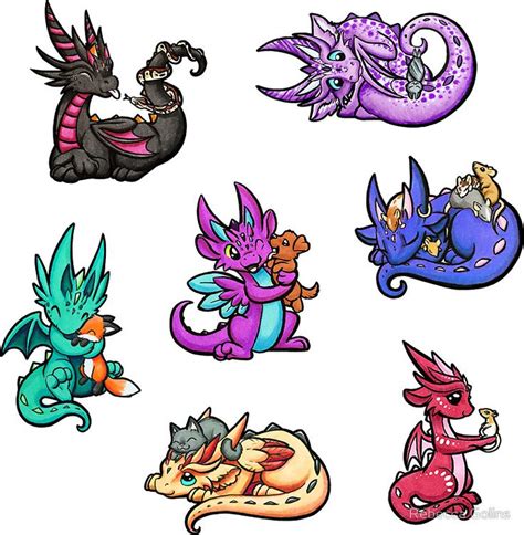 Dragons With Pets Sticker By Rebecca Golins Cute Dragon Drawing