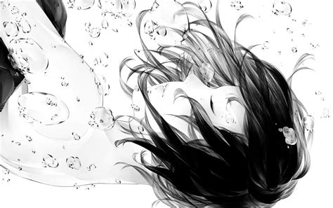 Female Anime Character Wallpaper Black Hair Underwater Bubbles Monochrome Hd Wallpaper