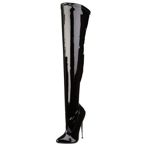 Devious Black Patent Stretch Thigh High Boots With 6 25 Inch Brass Fetish Heels Size 5