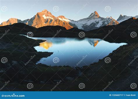 Picturesque View On Bachalpsee Lake In Swiss Alps Mountains Stock Image
