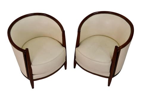 Set Of 2 Early French Art Deco Club Chairs In Mahogany And Leather