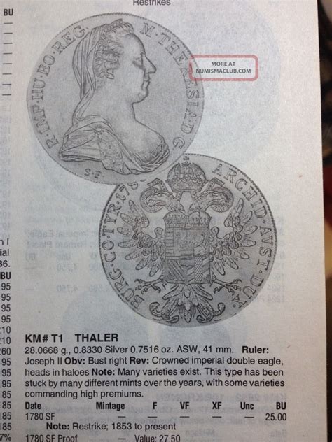 Austria 1780 Sf Silver Thaler Bu Maria Theresa Restrike Km T1