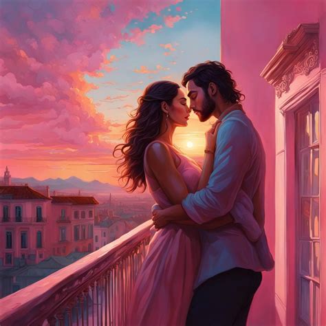 A Young Couple In A Passionate Embrace On A Balcony In Front Of A Pink