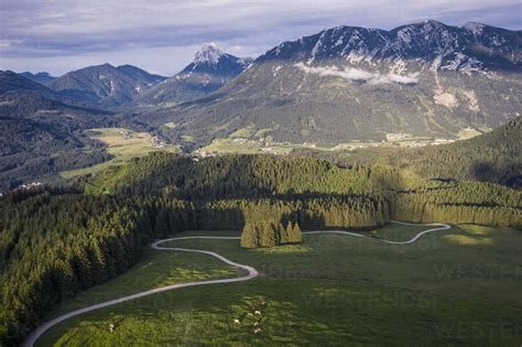 Austria Tyrol Eben Am Achensee Aerial View Of Winding Road And Green