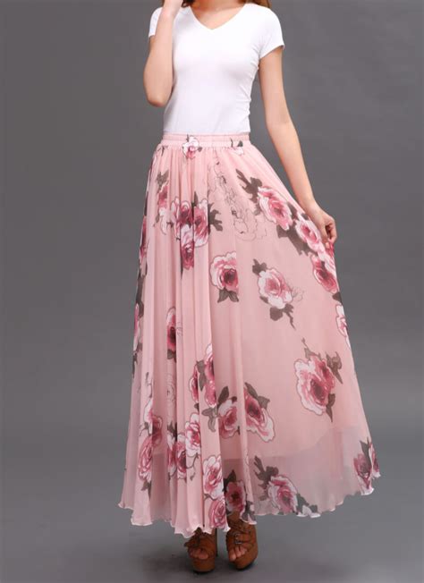 Women Pink Floral Chiffon Long Skirt A Line Flower Long Chiffon Skirt