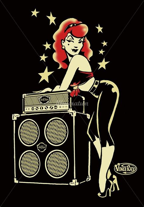 Vince Ray Artist Low Brow Pop Surrealism Retro Illustrations Rockabilly Pinup Leaning On Amp