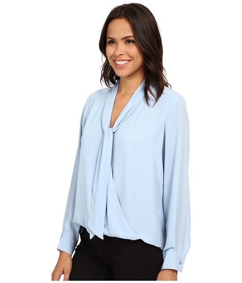 Lyst Vince Camuto Long Sleeve Tie Neck Wrap Blouse In Blue