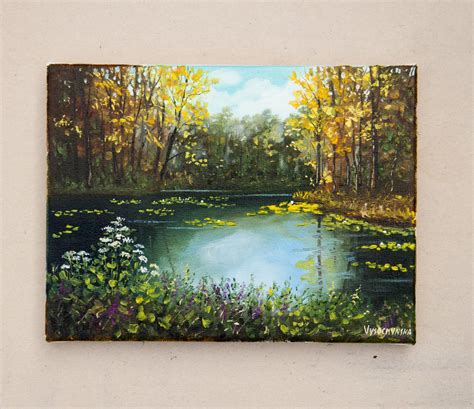Woodland Lake Oil Painting Small Painting Original Forest Landscape
