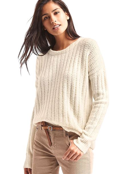 Buy Gap Women White Ribbed Crew Neck Sweater
