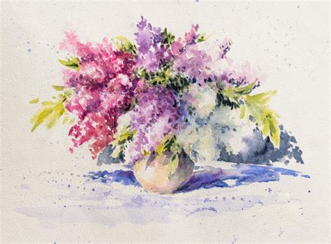 Bouquet Of White And Violet Lilacs In Vase Watercolor Pained Stock