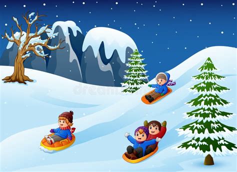Children Sledding In Snow Downhill Stock Vector Illustration Of Board