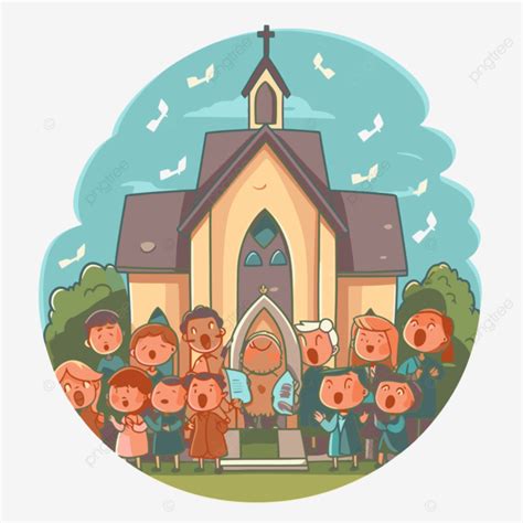 Anak Anak Bernyanyi Dalam Ilustrasi Kartun Gereja Dalam Gaya Kartun