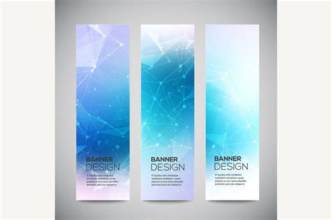 Three Vertical Banners With Blue And White Lines On The Back One For