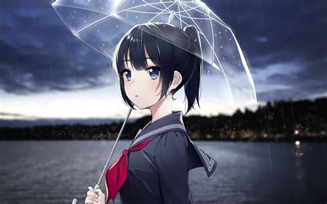 Download 1680x1050 Anime Girl Raining Umbrella Black Hair Ponytail