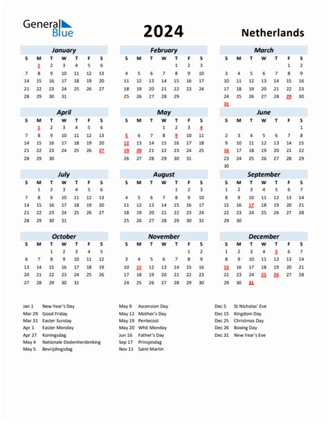 2024 Netherlands Calendar With Holidays