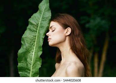 Pretty Woman Naked Shoulders Green Leaf Stock Photo