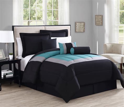 The comfy bedding comforter set comes in four different sizes including full, king, queen, and california king. 7 Piece Rosslyn Black/Teal Comforter Set