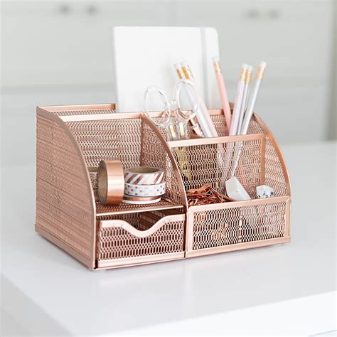 Blu Monaco Monte Unique Metal Rose Gold Desk Organizer With Drawer