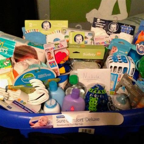 These make fine baby shower gifts! Baby shower gift basket, but put everything in a baby tub ...