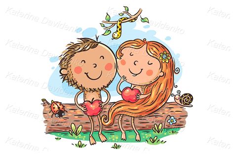 Adam And Eve With Apples In Paradise Bible Story Scene First Man And