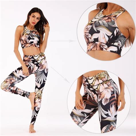 flowers printing tracksuit yoga sets fitness top sport suit women gym cheap yoga clothes