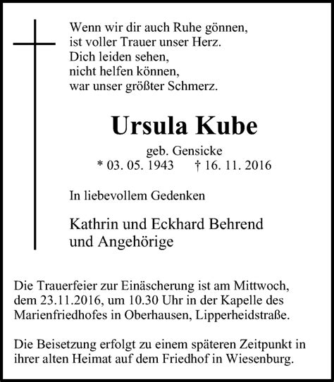 Traueranzeigen Von Ursula Kube Trauer In Nrw De