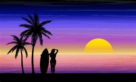 tropical beach landscape with surfing girl and palm trees in 80 s synthwave retro style outrun