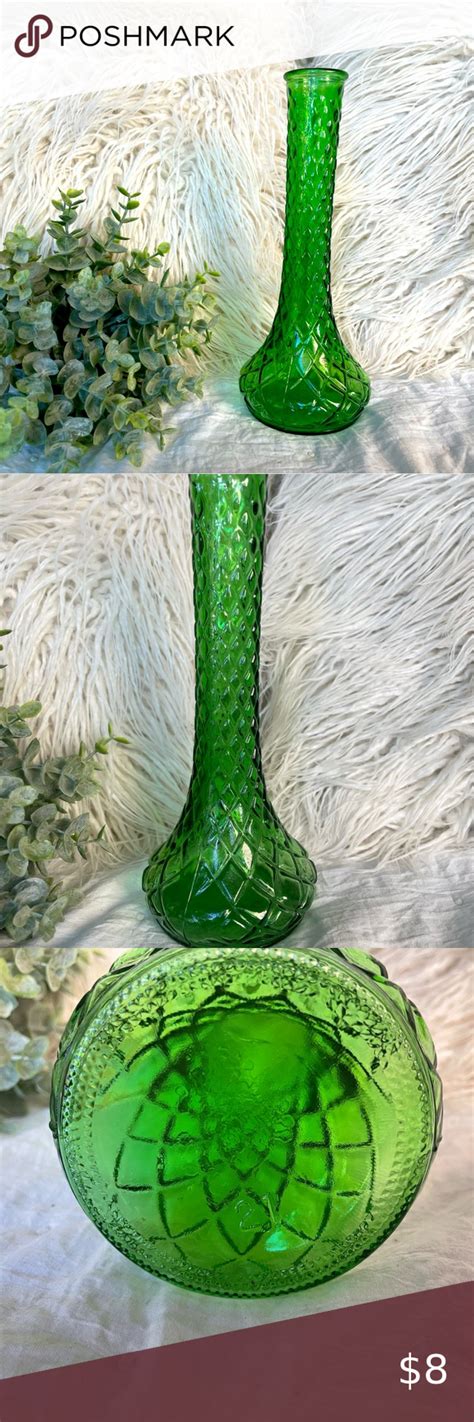 Vintage Hoosier Glass Emerald Green Glass Vase Tall Quilted Diamond