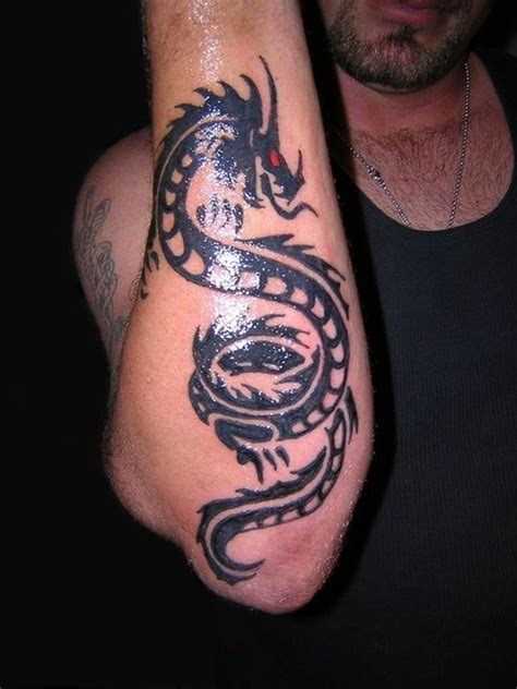 Black Tribal Dragon Tattoo On Right Arm
