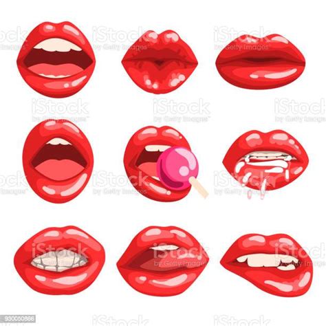 흰색 배경에 다른 감정을 벡터 일러스트를 표현 하는 빨간 립스틱 화장으로 붉은 광택 입술 세트 여자의 입 개념에 대한 스톡 벡터