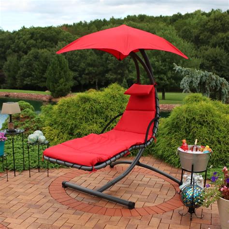 Sunnydaze Floating Chaise Lounger Outdoor Hanging Hammock Patio Swing Chair With Canopy And Arc